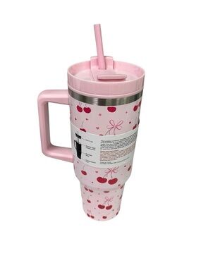 Pink Cherry Travel Mug with Handle and Straw